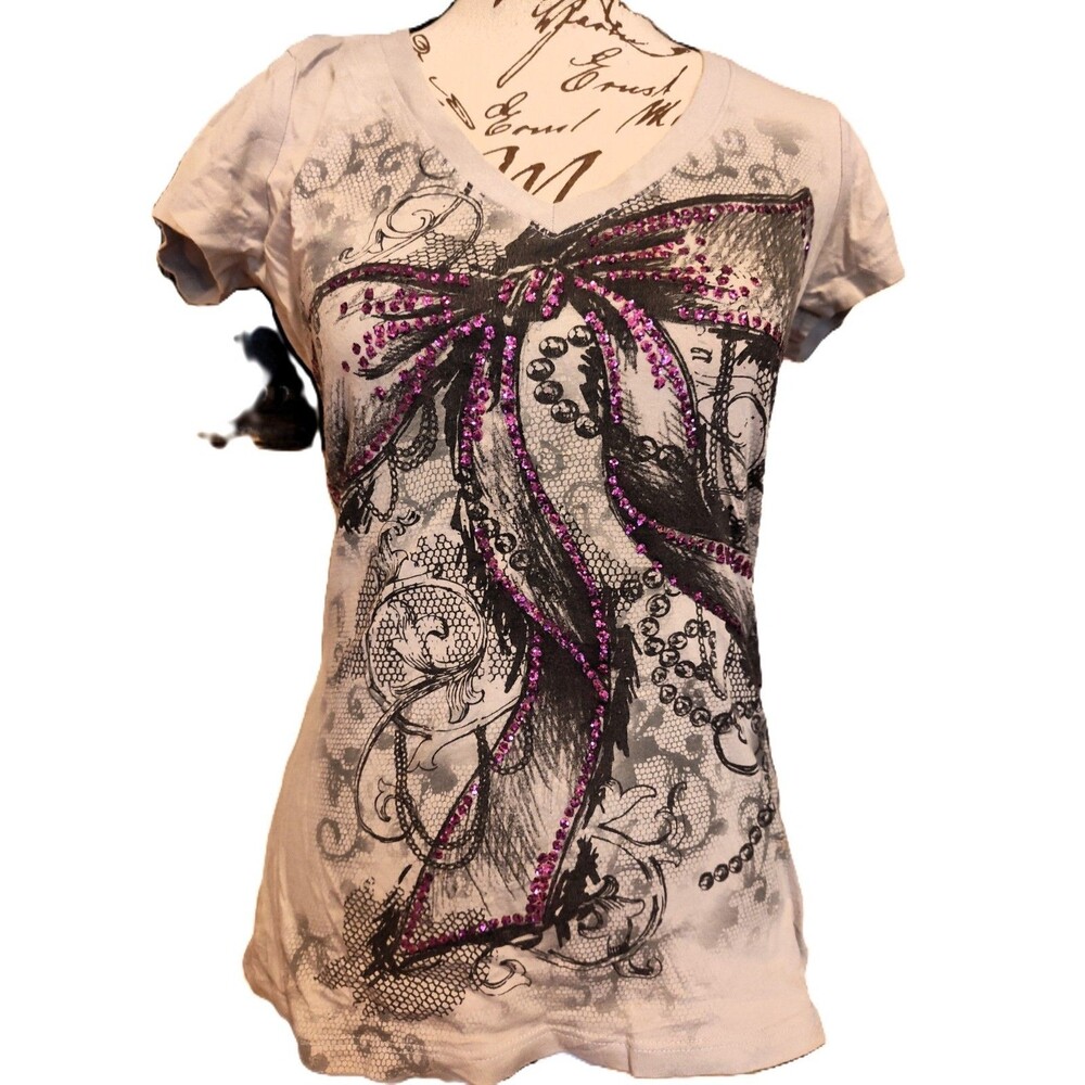 Ransom WhimsyGoth Steampunk V- Neck Glitter Bow Embellished cotton T shirt Sz S